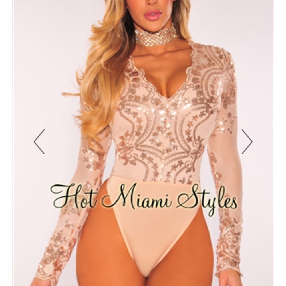 Hot Miami Styles rose gold sequins bodysuit.